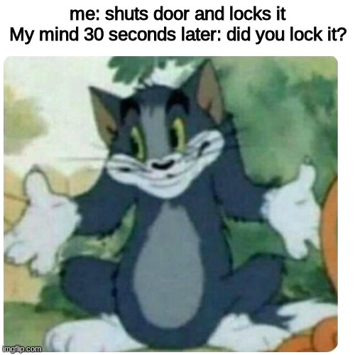 day e+621 of running out of meme name ideas |  me: shuts door and locks it
My mind 30 seconds later: did you lock it? | image tagged in tom shrugging | made w/ Imgflip meme maker