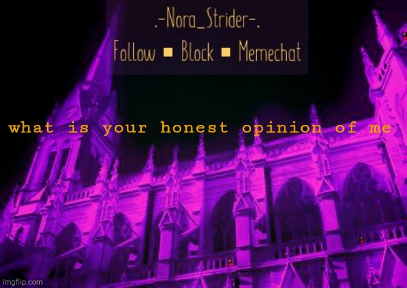 what is your honest opinion of me | image tagged in nora's derse dreamer temp | made w/ Imgflip meme maker