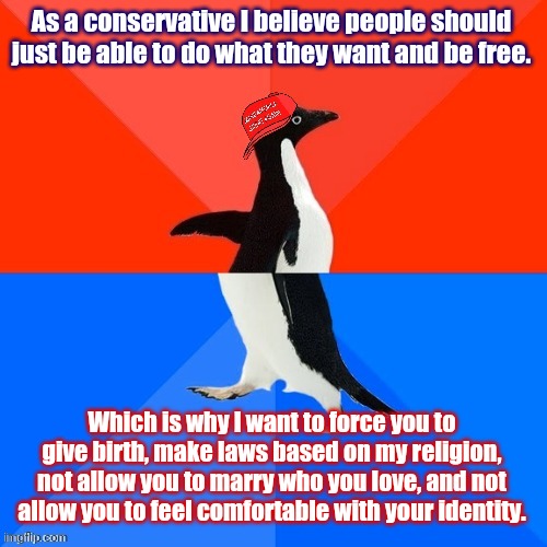 Conservative Hypocrisy. | As a conservative I believe people should just be able to do what they want and be free. Which is why I want to force you to give birth, make laws based on my religion, not allow you to marry who you love, and not allow you to feel comfortable with your identity. | image tagged in socially awesome awkward penguin maga hat | made w/ Imgflip meme maker