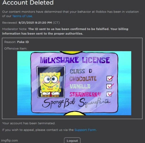 spongebob id | image tagged in banned from roblox | made w/ Imgflip meme maker