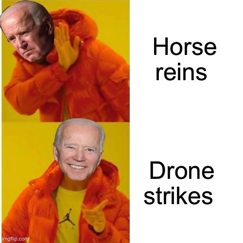 Priorities | Horse reins; Drone strikes | image tagged in joe biden,memes,politics lol | made w/ Imgflip meme maker