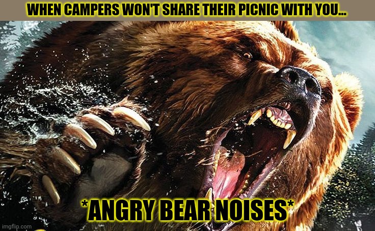 Bear invasion | WHEN CAMPERS WON'T SHARE THEIR PICNIC WITH YOU... *ANGRY BEAR NOISES* | image tagged in bear,invasion,angry,grizzly bear,bear at picnic table | made w/ Imgflip meme maker