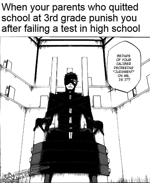 Aizen | When your parents who quitted school at 3rd grade punish you after failing a test in high school | image tagged in bleach,aizen | made w/ Imgflip meme maker
