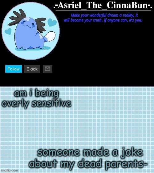 idk i should just let it go, like its happened a few times | am i being overly sensitive; someone made a joke about my dead parents- | image tagged in cinna's wooper temp | made w/ Imgflip meme maker