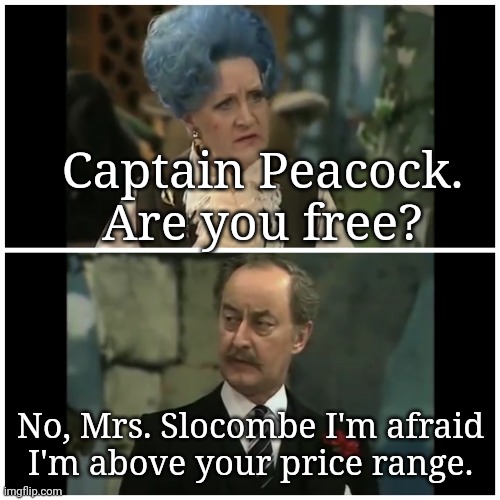 Are There no Demand For | Captain Peacock. Are you free? No, Mrs. Slocombe I'm afraid I'm above your price range. | image tagged in are there no demand for | made w/ Imgflip meme maker