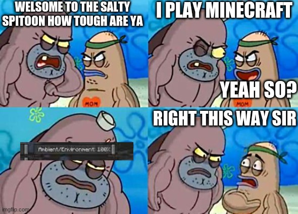 minecraft pro | WELSOME TO THE SALTY SPITOON HOW TOUGH ARE YA; I PLAY MINECRAFT; YEAH SO? RIGHT THIS WAY SIR | image tagged in welcome to the salty spitoon | made w/ Imgflip meme maker