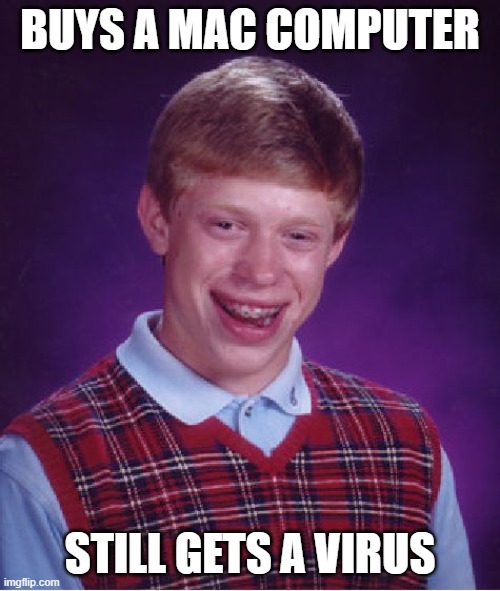 This is a sarcastic meme! |  BUYS A MAC COMPUTER; STILL GETS A VIRUS | image tagged in memes,bad luck brian,computers/electronics,computer virus | made w/ Imgflip meme maker