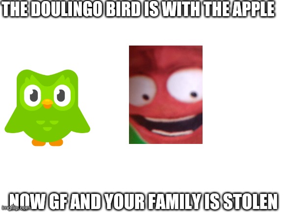 A evil duo | THE DOULINGO BIRD IS WITH THE APPLE; NOW GF AND YOUR FAMILY IS STOLEN | image tagged in blank white template,duolingo,apple | made w/ Imgflip meme maker