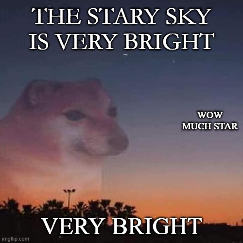 so bright | THE STARY SKY IS VERY BRIGHT; WOW MUCH STAR; VERY BRIGHT | image tagged in cheems | made w/ Imgflip meme maker