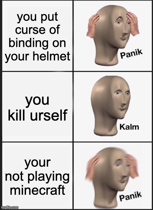 mmmmm | you put curse of binding on your helmet; you kill urself; your not playing minecraft | image tagged in memes,panik kalm panik,dark humor | made w/ Imgflip meme maker