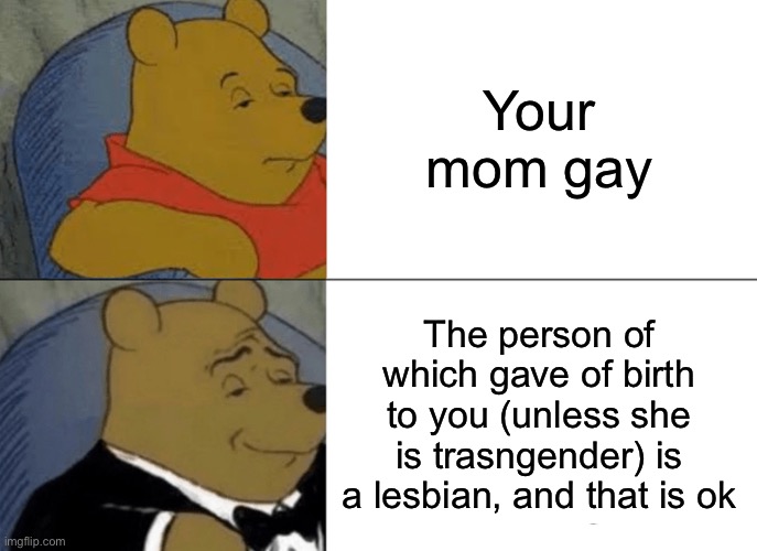 Tuxedo Winnie The Pooh Meme | Your mom gay; The person of which gave of birth to you (unless she is trasngender) is a lesbian, and that is ok | image tagged in memes,tuxedo winnie the pooh | made w/ Imgflip meme maker