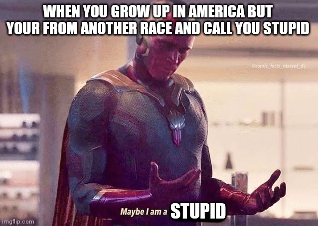 Maybe i am a monster blank | WHEN YOU GROW UP IN AMERICA BUT YOUR FROM ANOTHER RACE AND CALL YOU STUPID STUPID | image tagged in maybe i am a monster blank | made w/ Imgflip meme maker