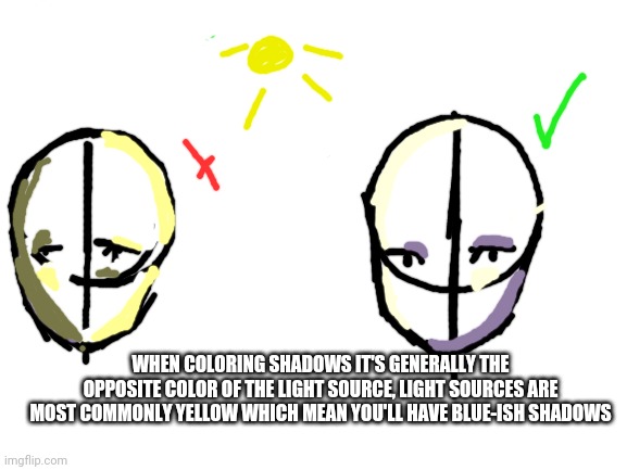 Sorry the drawing on the left is bad it's hard to zoom in | WHEN COLORING SHADOWS IT'S GENERALLY THE OPPOSITE COLOR OF THE LIGHT SOURCE, LIGHT SOURCES ARE MOST COMMONLY YELLOW WHICH MEAN YOU'LL HAVE BLUE-ISH SHADOWS | image tagged in blank white template | made w/ Imgflip meme maker