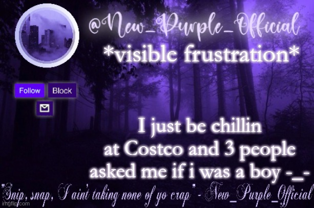 Apparrently I didn't look like a girl to them | *visible frustration*; I just be chillin at Costco and 3 people asked me if i was a boy -_- | image tagged in purple's announcement | made w/ Imgflip meme maker