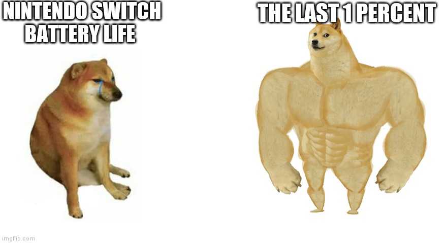 I lasted 10 minutes on the last 1 percent the other day | NINTENDO SWITCH BATTERY LIFE; THE LAST 1 PERCENT | image tagged in swole doge vs cheems flipped | made w/ Imgflip meme maker