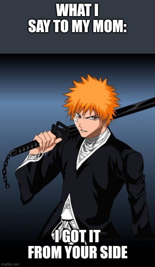 ichigo bleach | WHAT I SAY TO MY MOM: I GOT IT FROM YOUR SIDE | image tagged in ichigo bleach | made w/ Imgflip meme maker