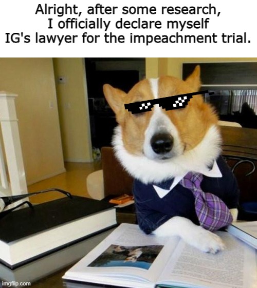 Big fax. | Alright, after some research, I officially declare myself IG's lawyer for the impeachment trial. | image tagged in lawyer corgi dog | made w/ Imgflip meme maker