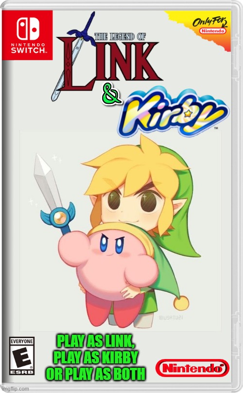 TEAMWORK AT IT'S BEST! | PLAY AS LINK, PLAY AS KIRBY OR PLAY AS BOTH | image tagged in nintendo switch,kirby,link,legend of zelda,fake switch games | made w/ Imgflip meme maker