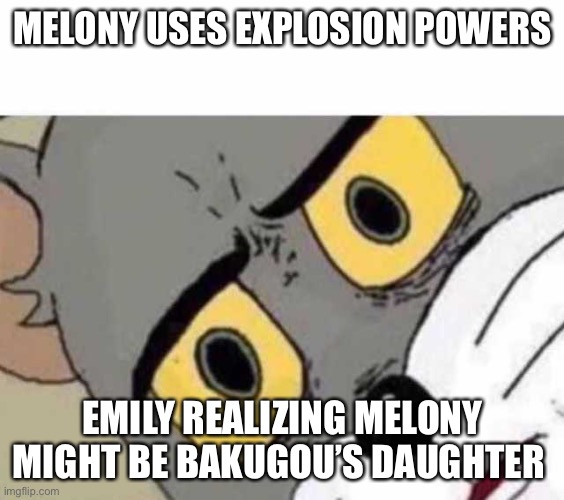 Melony might be his daughter, idk | MELONY USES EXPLOSION POWERS; EMILY REALIZING MELONY MIGHT BE BAKUGOU’S DAUGHTER | image tagged in tom cat unsettled close up | made w/ Imgflip meme maker