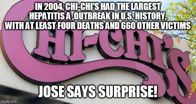 hepa chi | IN 2004, CHI-CHI'S HAD THE LARGEST HEPATITIS A ,OUTBREAK IN U.S. HISTORY, WITH AT LEAST FOUR DEATHS AND 660 OTHER VICTIMS; JOSE SAYS SURPRISE! | image tagged in hepa chi | made w/ Imgflip meme maker