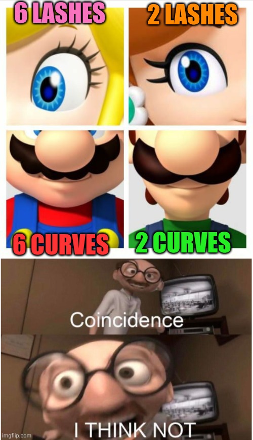 IT WAS MEANT TO BE |  6 LASHES; 2 LASHES; 6 CURVES; 2 CURVES | image tagged in coincidence i think not,super mario bros,mario,luigi,princess peach,daisy | made w/ Imgflip meme maker