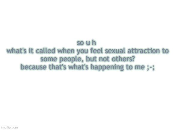a h a | so u h 
what's it called when you feel sexual attraction to some people, but not others?
because that's what's happening to me ;-; | image tagged in blank white template | made w/ Imgflip meme maker