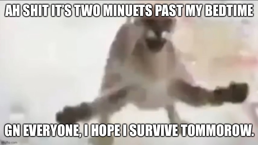Angy floppa | AH SHIT IT’S TWO MINUETS PAST MY BEDTIME; GN EVERYONE, I HOPE I SURVIVE TOMMOROW. | image tagged in angy floppa | made w/ Imgflip meme maker