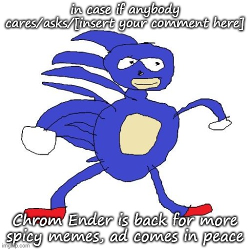 i am Chrom btw, how are y'all beautiful people doing. call me "Josh" tho | in case if anybody cares/asks/[insert your comment here]; Chrom Ender is back for more spicy memes, ad comes in peace | image tagged in sanic | made w/ Imgflip meme maker