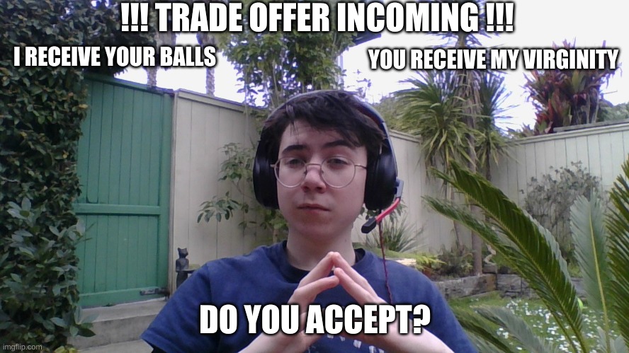 Claude's trade offer | !!! TRADE OFFER INCOMING !!! I RECEIVE YOUR BALLS; YOU RECEIVE MY VIRGINITY; DO YOU ACCEPT? | image tagged in trade offer | made w/ Imgflip meme maker