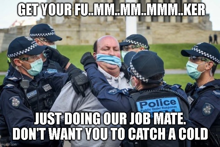 Just doing out job | GET YOUR FU..MM..MM..MMM..KER; JUST DOING OUR JOB MATE. DON'T WANT YOU TO CATCH A COLD | image tagged in funny,covid,police brutality,npc | made w/ Imgflip meme maker