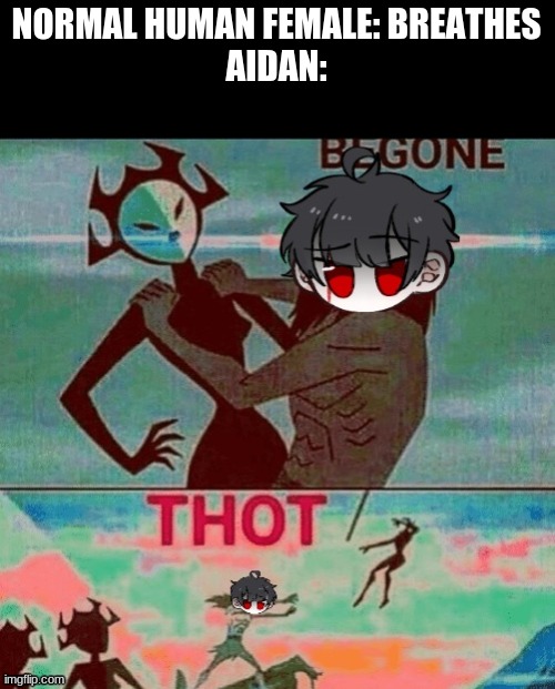 -insert funny title here- | NORMAL HUMAN FEMALE: BREATHES

AIDAN: | image tagged in begone thot | made w/ Imgflip meme maker