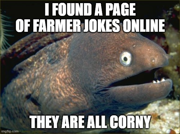 Bad Joke Eel Meme | I FOUND A PAGE OF FARMER JOKES ONLINE; THEY ARE ALL CORNY | image tagged in memes,bad joke eel | made w/ Imgflip meme maker