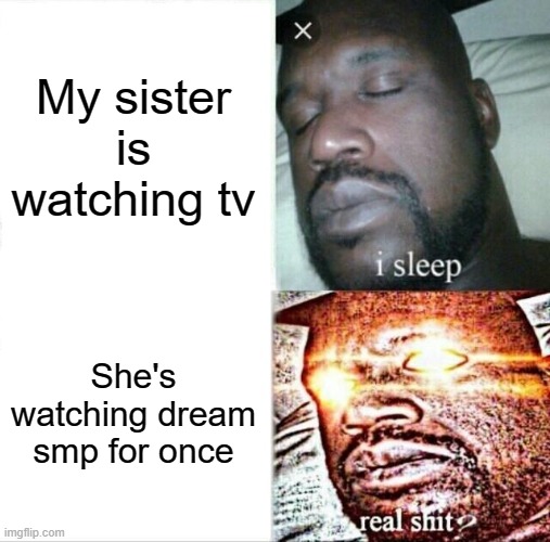 wait WHAT?! | My sister is watching tv; She's watching dream smp for once | image tagged in memes,sleeping shaq | made w/ Imgflip meme maker