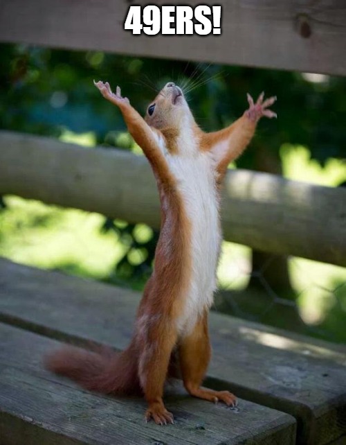WHAT WE DOING | 49ERS! | image tagged in happy squirrel | made w/ Imgflip meme maker