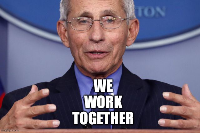 Dr. Anthony fauci | WE 
WORK 
TOGETHER | image tagged in dr anthony fauci | made w/ Imgflip meme maker