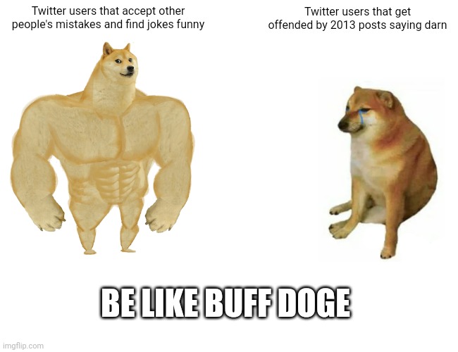 Buff Doge vs. Cheems | Twitter users that accept other people's mistakes and find jokes funny; Twitter users that get offended by 2013 posts saying darn; BE LIKE BUFF DOGE | image tagged in memes,buff doge vs cheems | made w/ Imgflip meme maker