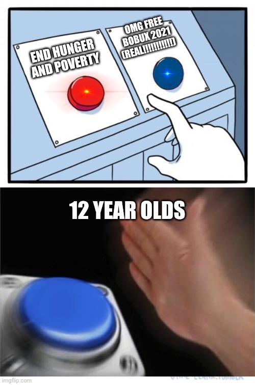 two buttons 1 blue | OMG FREE BOBUX 2021 (REAL!!!!!!!!!!!); END HUNGER AND POVERTY; 12 YEAR OLDS | image tagged in two buttons 1 blue | made w/ Imgflip meme maker