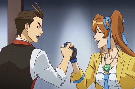 Athena Cykes and Apollo Justice joining hands template Blank Meme Template