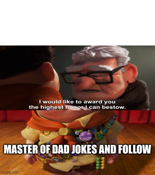 Highest honor I can bestow | MASTER OF DAD JOKES AND FOLLOW | image tagged in highest honor i can bestow | made w/ Imgflip meme maker