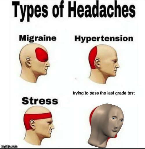 Me dying of tests | trying to pass the last grade test | image tagged in types of headaches meme | made w/ Imgflip meme maker