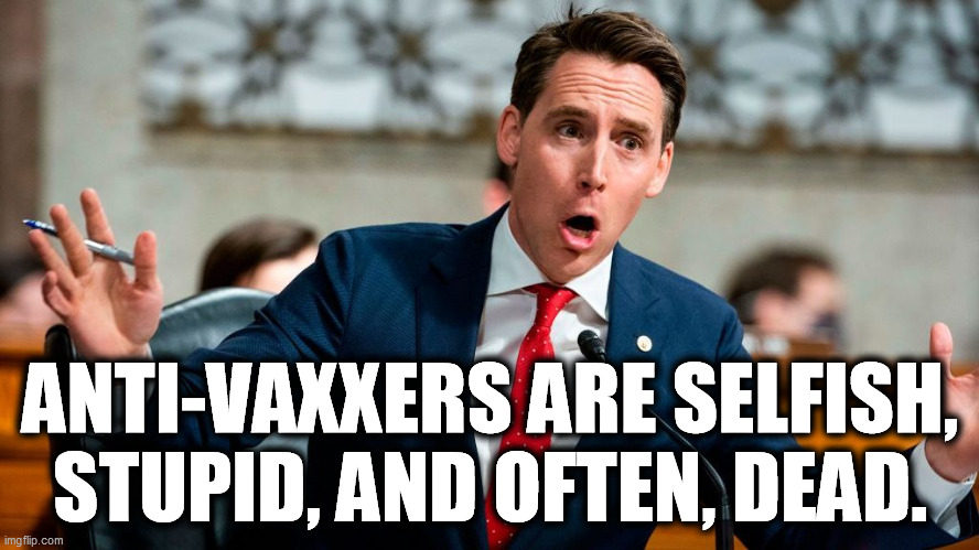 Shut up and go infect your entire family, plus your friends, neighbors, church congregation and the postman. | ANTI-VAXXERS ARE SELFISH, STUPID, AND OFTEN, DEAD. | image tagged in josh hawley saying something stupid through his big mouth,anti vax,stupid,selfish,family,friends | made w/ Imgflip meme maker