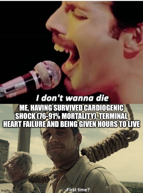 You don’t wanna die, huh? | ME, HAVING SURVIVED CARDIOGENIC SHOCK (76-91% MORTALITY), TERMINAL HEART FAILURE AND BEING GIVEN HOURS TO LIVE | image tagged in i don't wanna die,first time,shock,terminal,sick,dying | made w/ Imgflip meme maker