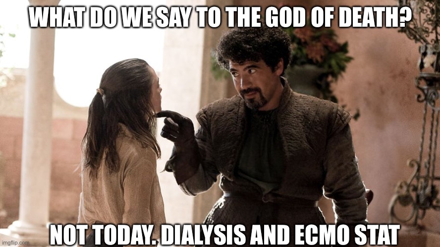 POV: my hospital in 2019 | WHAT DO WE SAY TO THE GOD OF DEATH? NOT TODAY. DIALYSIS AND ECMO STAT | image tagged in not today,stat,ecmo,dialysis,terminal | made w/ Imgflip meme maker