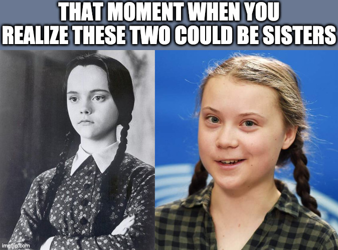How dare you! | THAT MOMENT WHEN YOU REALIZE THESE TWO COULD BE SISTERS | image tagged in greta thunberg,wednesday addams | made w/ Imgflip meme maker
