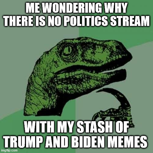 Why No Politics | ME WONDERING WHY THERE IS NO POLITICS STREAM; WITH MY STASH OF TRUMP AND BIDEN MEMES | image tagged in memes,philosoraptor | made w/ Imgflip meme maker