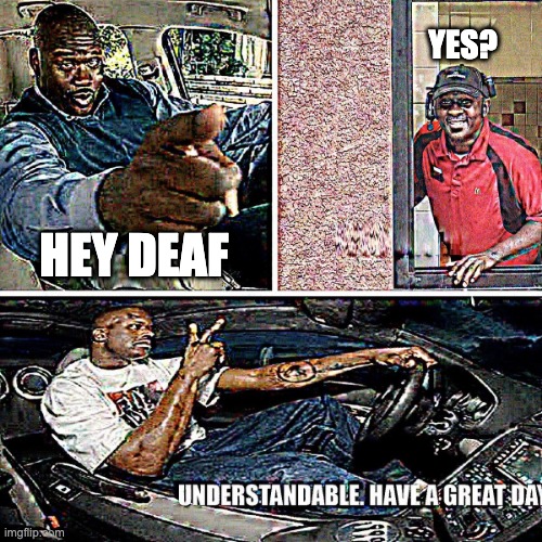 Understandable, have a great day | YES? HEY DEAF | image tagged in understandable have a great day | made w/ Imgflip meme maker