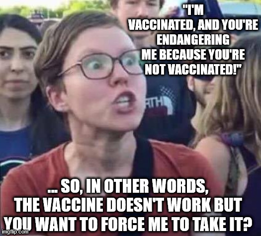 Pro-vaxxers are dumber than dog doo doo | "I'M VACCINATED, AND YOU'RE ENDANGERING ME BECAUSE YOU'RE NOT VACCINATED!"; ... SO, IN OTHER WORDS, THE VACCINE DOESN'T WORK BUT YOU WANT TO FORCE ME TO TAKE IT? | image tagged in angry liberal,vaccine,vaccines,biden | made w/ Imgflip meme maker