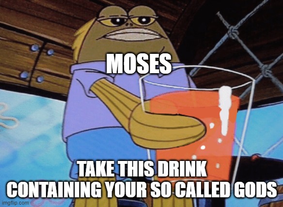 Moses |  MOSES; TAKE THIS DRINK CONTAINING YOUR SO CALLED GODS | image tagged in take this,the bible | made w/ Imgflip meme maker