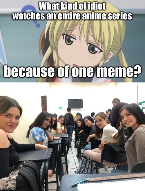 umm hehe definitely not me (yeah it is true) | What kind of idiot watches an entire anime series; because of one meme? | image tagged in confused anime girl,girls in class looking back,memes,anime | made w/ Imgflip meme maker