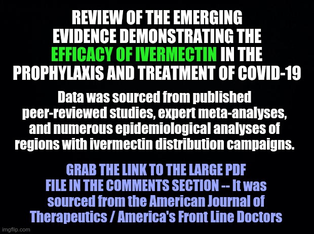 Review of the Emerging Evidence Demonstrating the Efficacy of Ivermectin | REVIEW OF THE EMERGING EVIDENCE DEMONSTRATING THE EFFICACY OF IVERMECTIN IN THE PROPHYLAXIS AND TREATMENT OF COVID-19; EFFICACY OF IVERMECTIN; Data was sourced from published peer-reviewed studies, expert meta-analyses, and numerous epidemiological analyses of regions with ivermectin distribution campaigns. GRAB THE LINK TO THE LARGE PDF FILE IN THE COMMENTS SECTION -- It was sourced from the American Journal of Therapeutics / America's Front Line Doctors | image tagged in ivermectin,covid-19,covid cures,therapeutics,covid | made w/ Imgflip meme maker